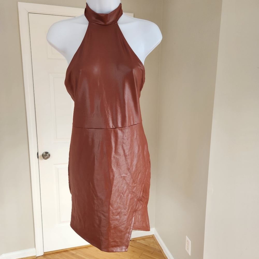 Chic Brown Halter Mini Sheath Dress for Night Out 4-6